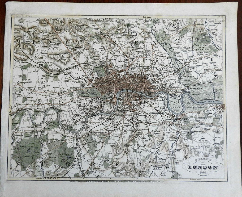 London and Surrounds 1849 detailed city plan Thames River Isle of Dogs Hyde Park