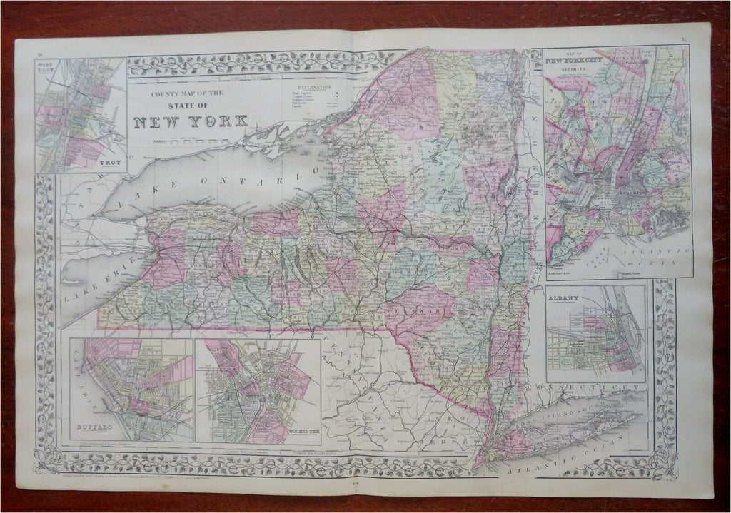 New York State County Map Buffalo Rochester NYC Troy Albany 1882 Mitchell map