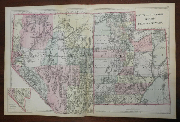 Utah & Nevada County Map Salt Lake City Reno 1884 Bradley large map