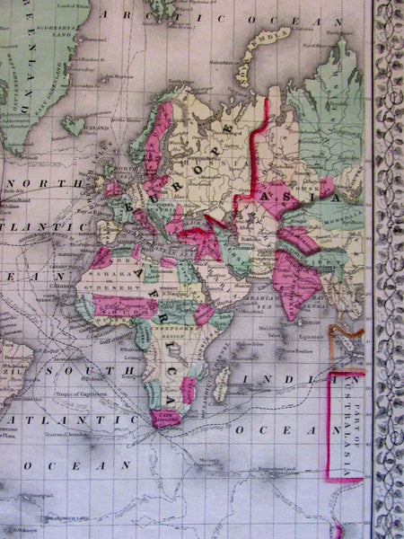 Mitchell 1867 antique World map Australia Lake Torrens hook Cooks ocean tracks