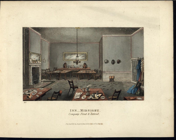 Inn at Midnight Steaming Tea Common Room 1825 vintage color aquatint old print