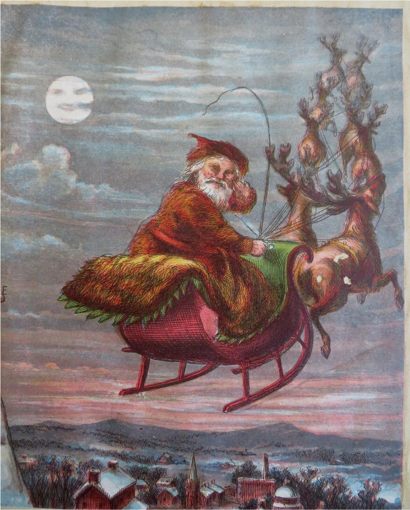 Santa Claus Sleigh Reindeer Christmas Print c. 1870's scrap album leaf