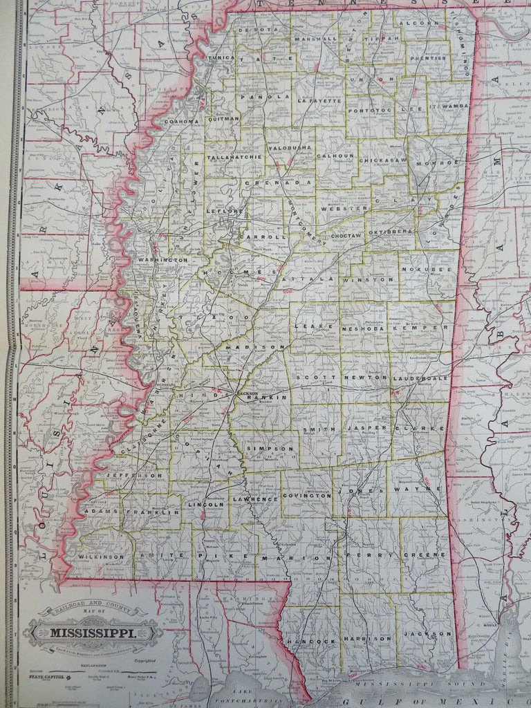 Mississippi state unfinished RR 1887-90 Cram scarce large detailed map