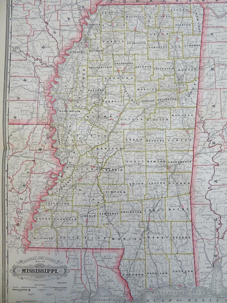 Mississippi state unfinished RR 1887-90 Cram scarce large detailed map