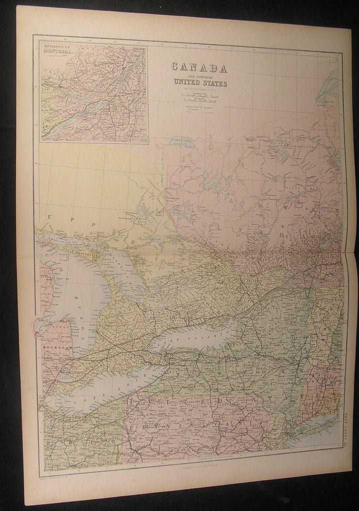 Canada Northern New England Ontario Huron 1865 fine antique color map