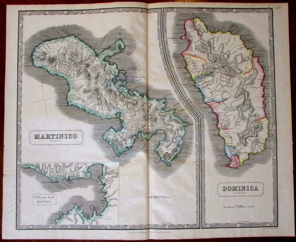 Caribbean Colonial Possessions Martinique Dominica 1851 huge Philip antique map