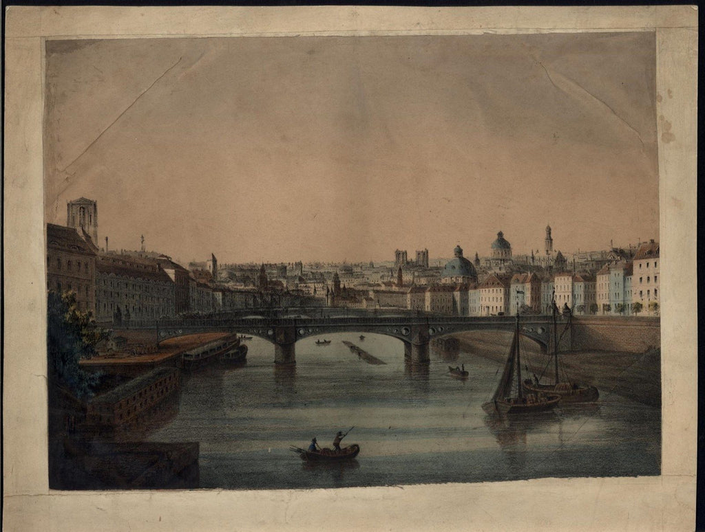 Paris Beautiful Seine River Cityscape ca. 1850 antique color lithograph print