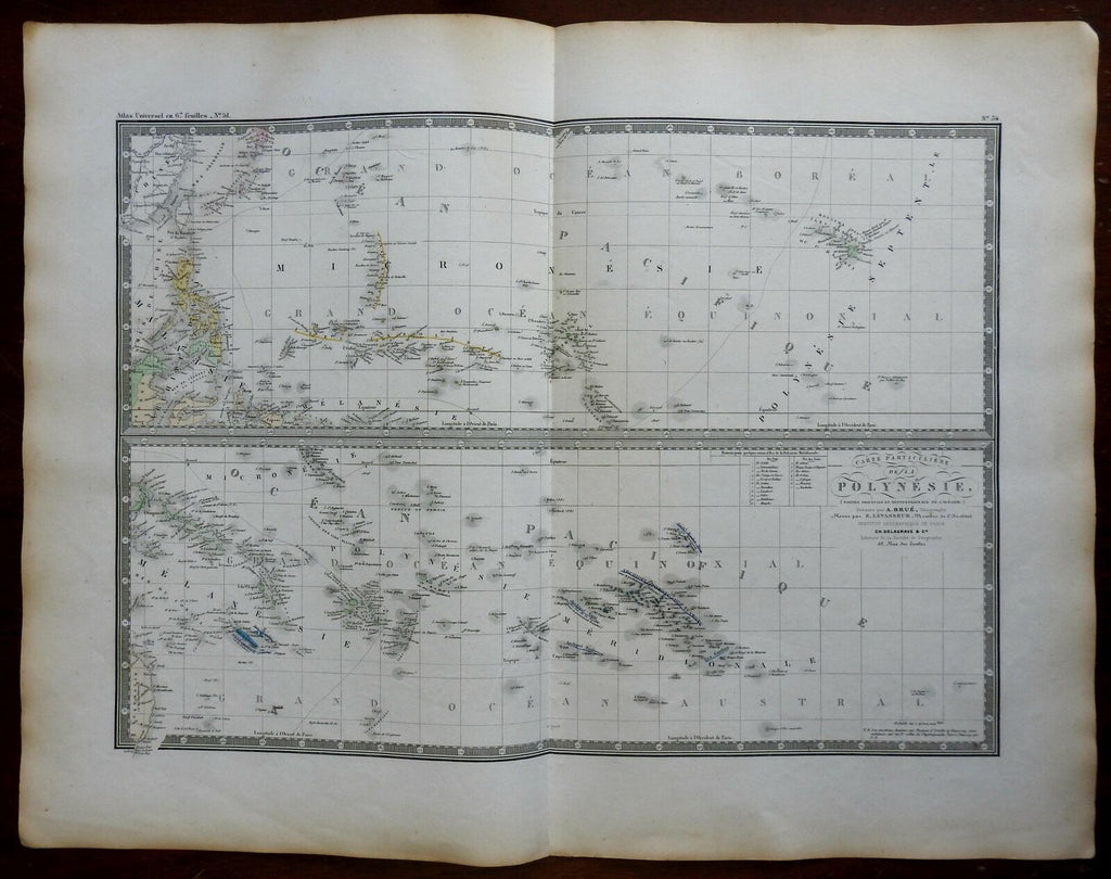 Polynesia Pacific Islands Hawaii c. 1830's Brue large detailed map hand color