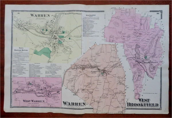 Warren Worcester County Massachusetts 1870 F.W. Beers detailed township map