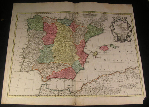 Spain Portugal Iberian Peninsula c. 1740 Lotter decorative antique old color map