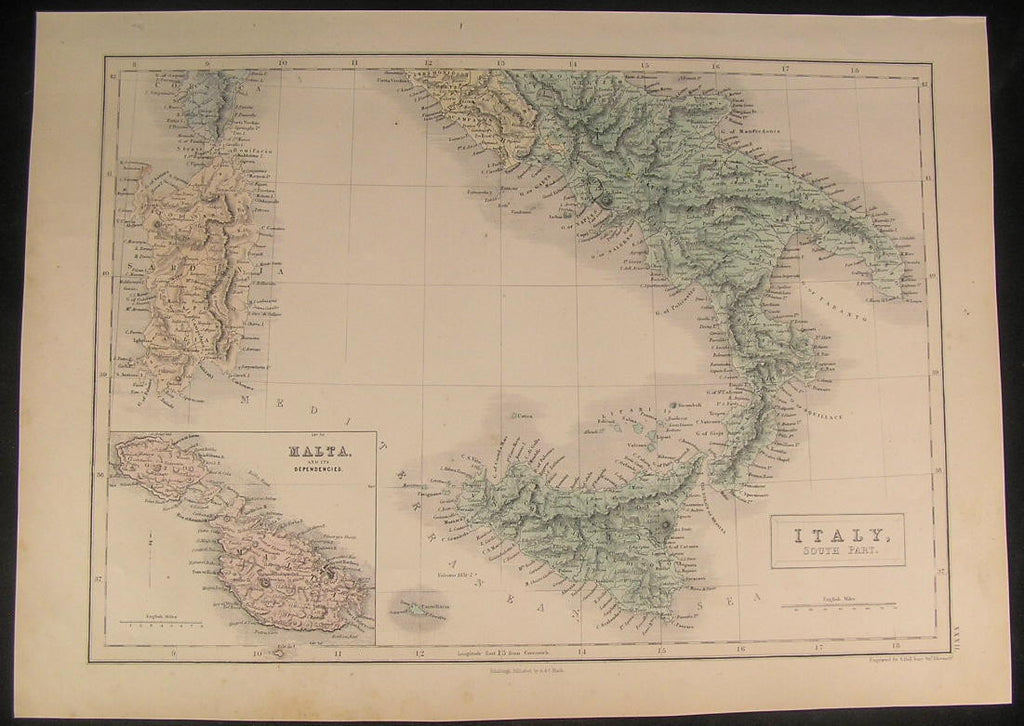 South Italy Sicily Malta Naples Sardinia 1853 antique engraved hand color map