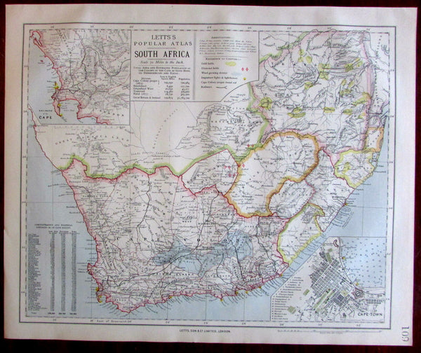 South Africa w/ Cape Town city plan inset 1883 Lett's detailed old map