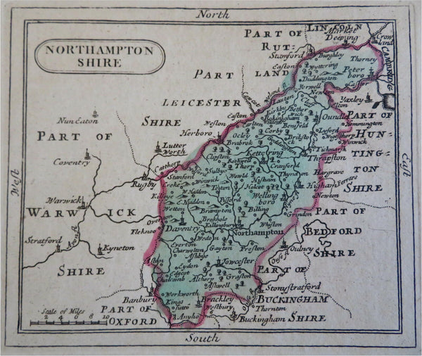 Northamptonshire English County Map c. 1785-90 small detailed engraved map