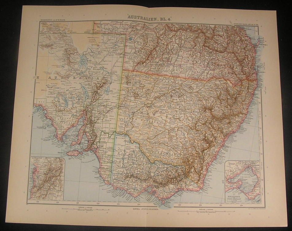 Southeast Australia 1905 old vintage large detailed color Stieler map