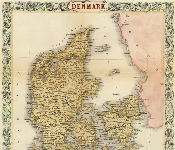 Denmark Danemark Copenhagen Holstein Jutland c.1855 Tallis old hand colored map