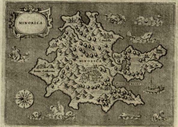 Minorca Menorca Balearic Island 1620 Porcacchi map eight sea monsters miniature