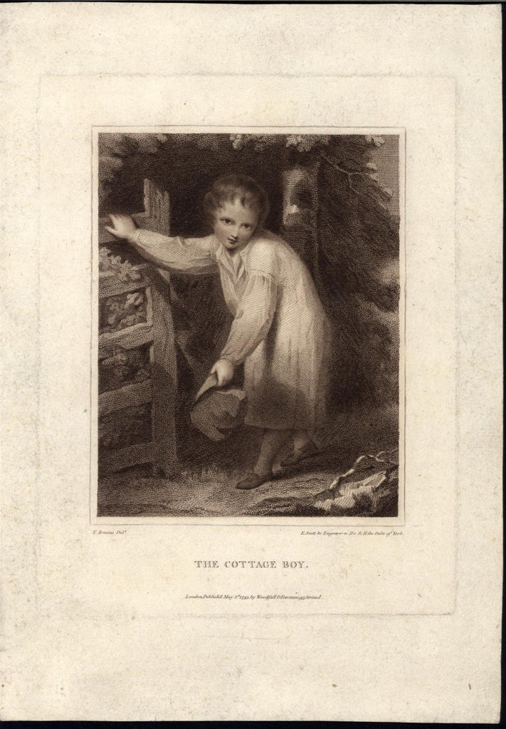 Cottage Boy child in nature 1793 antique E. Scott engraved sepia print