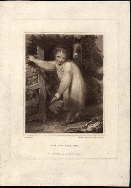 Cottage Boy child in nature 1793 antique E. Scott engraved sepia print