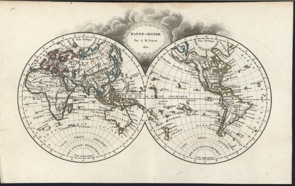 World in Spheres 1821 charming scarce antique engraved color map