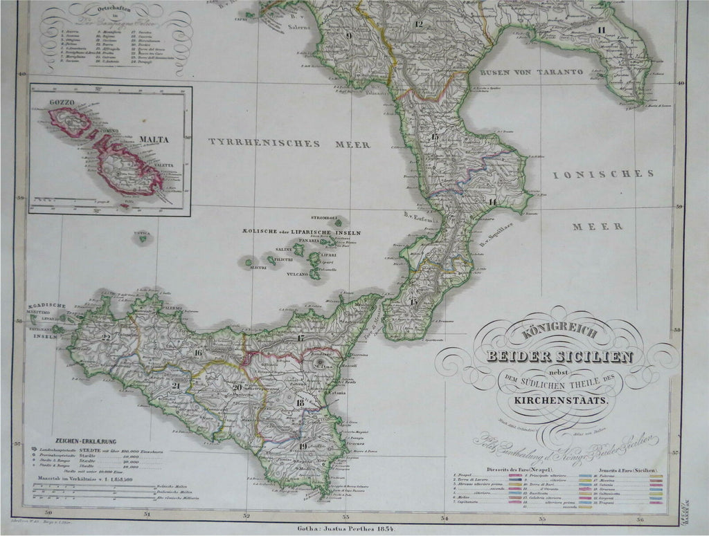 Kingdom Two Sicilies Papal States Malta Italy 1854 Alt & Stier detailed map