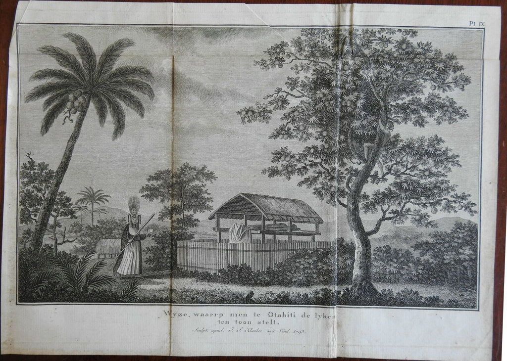 Tahiti Body on Display Native Priest Cadaver 1795 Captain Cook engraved print