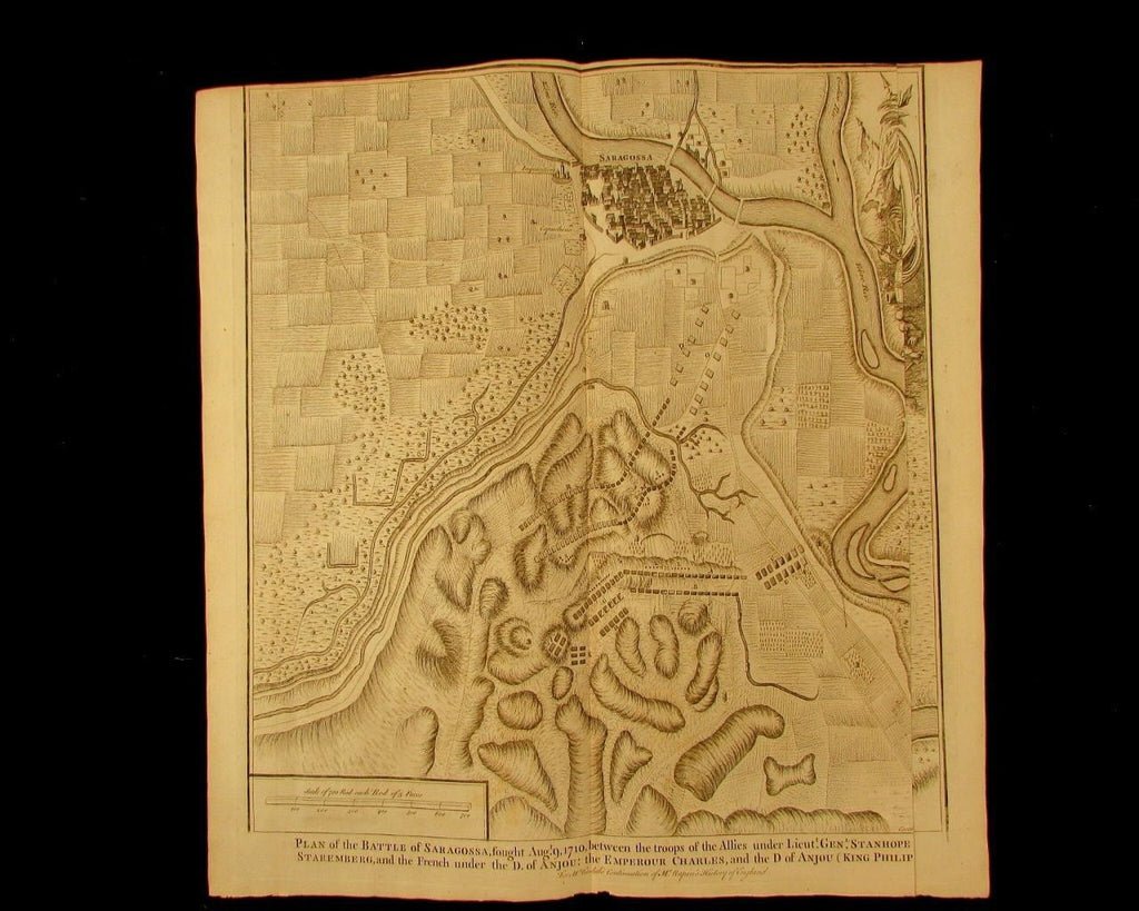 old Battle map 1710 Saragossa Spain Stanhope Staremberg 1740 Basire folio Rapin