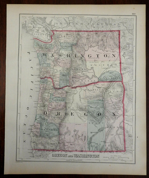 Washington & Oregon Pacific Northwest 1876-9 O.W. Gray color fine large map