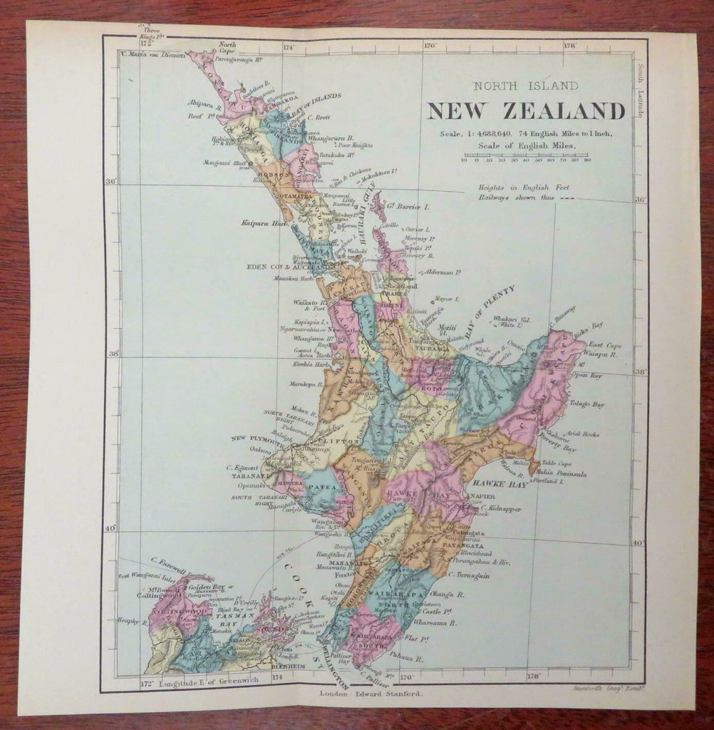 New Zealand North Island Wellington Manawatu Auckland 1893 Stanford map