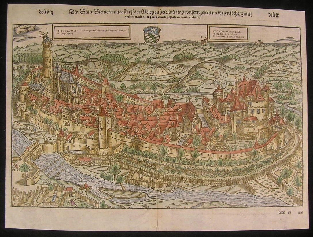 Simmern Germany Rhineland c.1595 antique hand color panoramic city plan