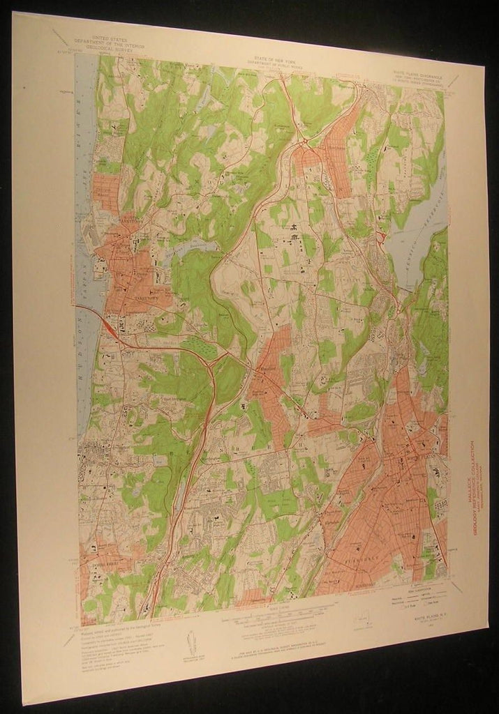 White Plains Westchester County New York 1959 antique color lithograph map