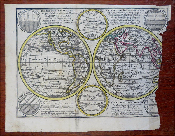 World Map in Double Hemispheres 18th Century De Lat engraved map
