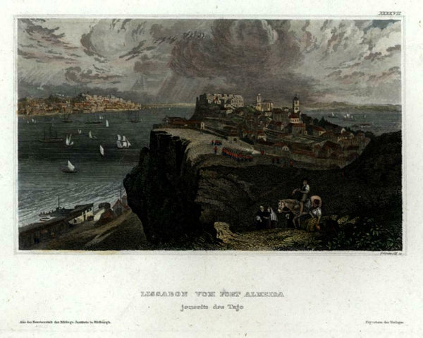 Lisbon Portugal Lisboa c. 1850 Meyer engraved city view beautiful hand color