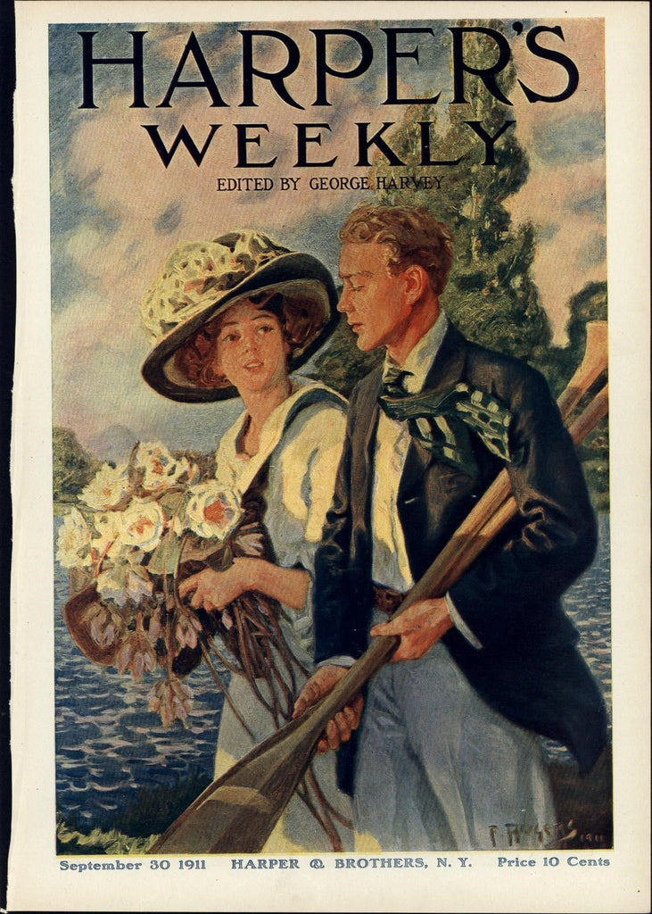Young Couple oars rowing love 1911 vintage Harper's original color cover