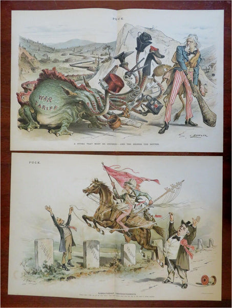 Uncle Sam U.S. Politics Hydra 1880's Puck Political Cartoons Lot x 2 great art