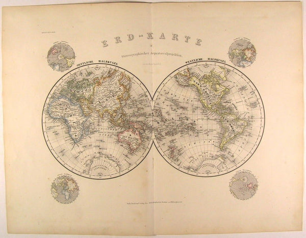 World Map in spheres Global spheres 1873 scarce lovely antique color Meyer map