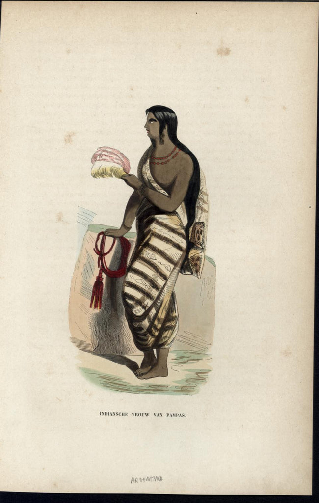South American Native Woman Feather Fan c.1852 antique hand color costume print
