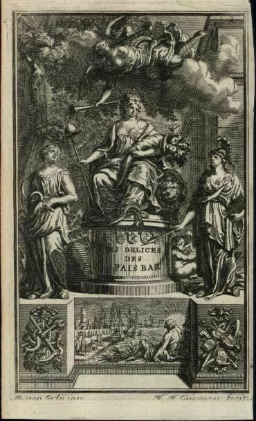 Allegorical gods Netherlands sailing ships Europe 1720 charming frontis print