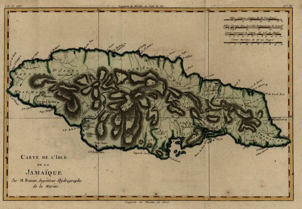 Jamaica Caribbean island map 1780 Bonne engraved map with lovely hand color