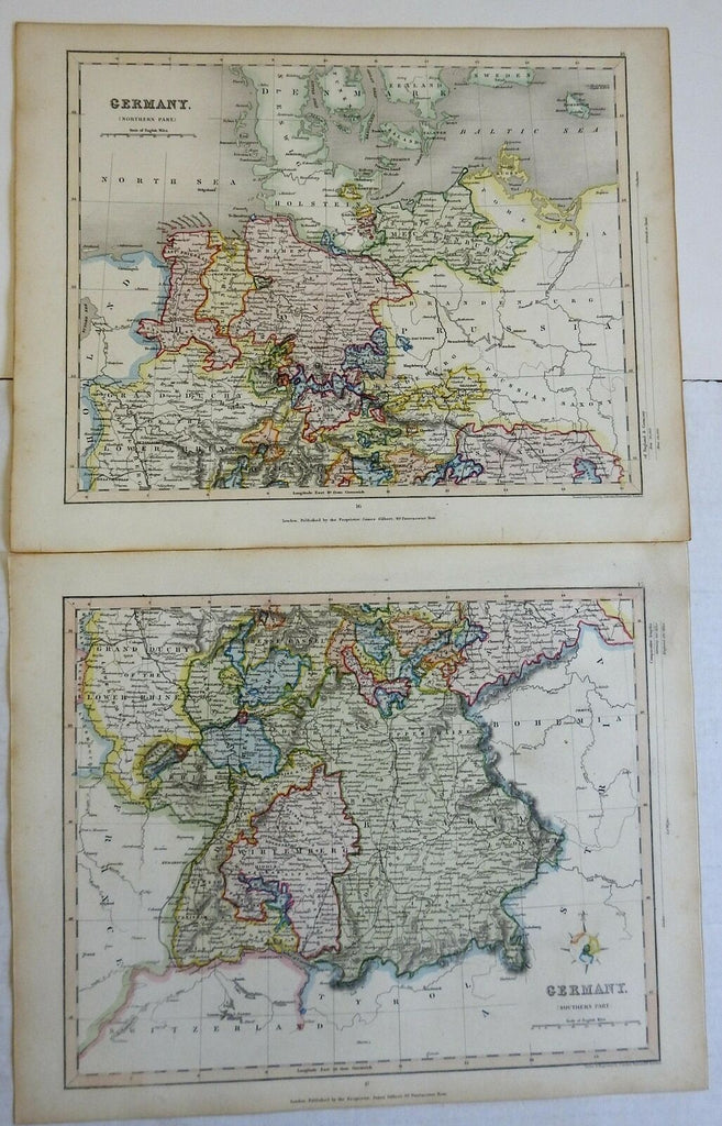 Germany Northern & Southern rare 2 sheet map 1846 Gilbert & Archer engraved map