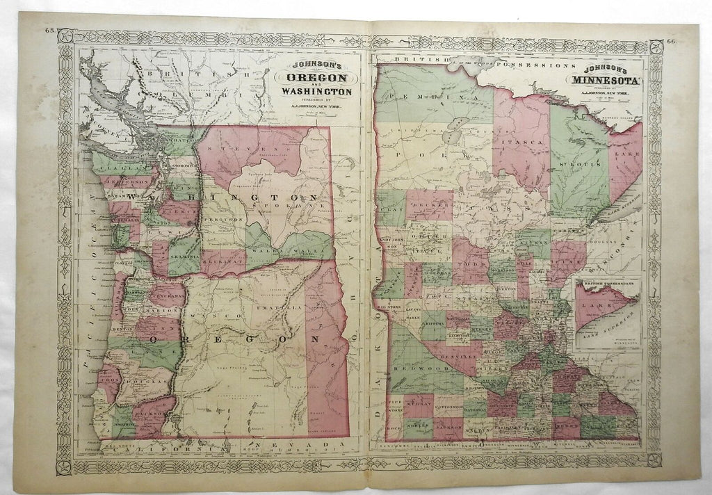 Minnesota Oregon Washington Twin Cities Portland Seattle c. 1866 Johnson map