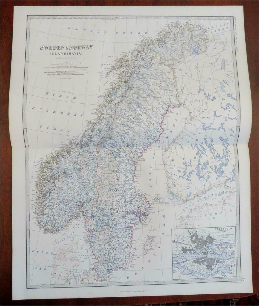 Scandinavia Sweden Norway Oslo Stockholm Bergen 1865 Johnston large folio map