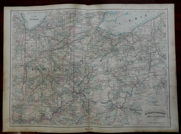 Indiana & Ohio State map Indianapolis Columbus Gary Toledo 1872 Asher & Adams