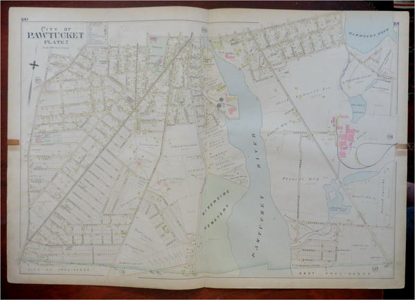 Pawtucket Rhode Island c. 1890's detailed city plan churches schools mansions