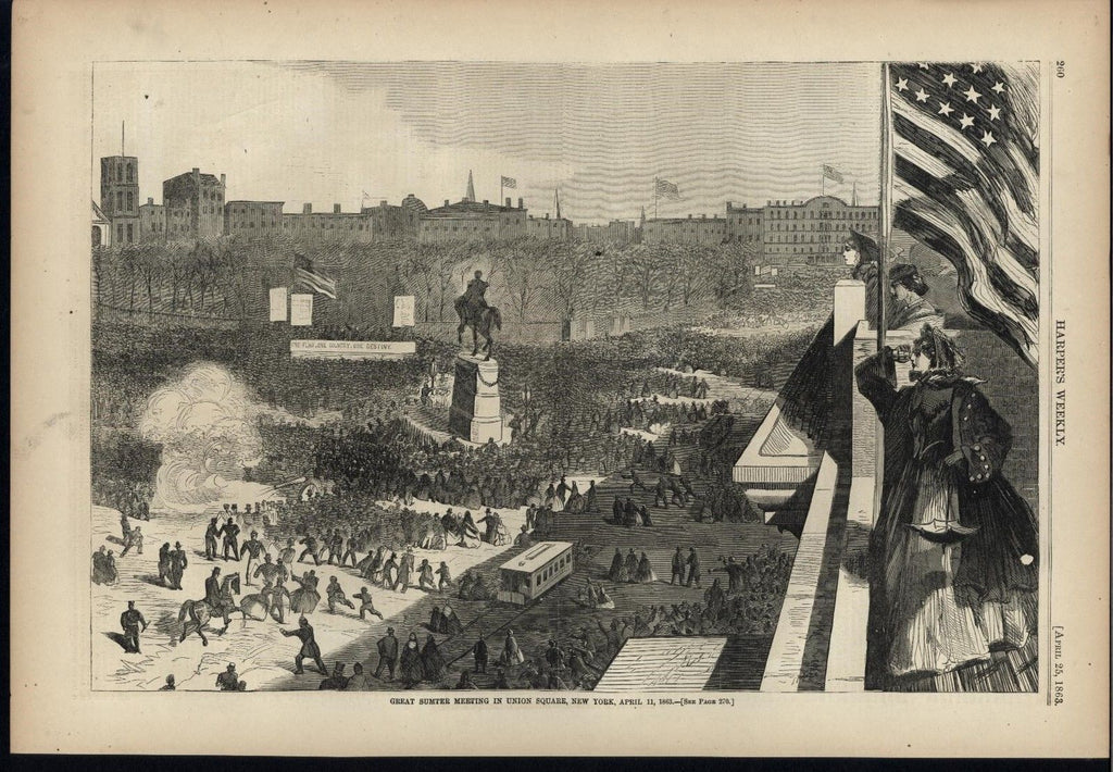 Sumter Meeting Union Square New York 1863 W. Homer old Harpers Civil War print