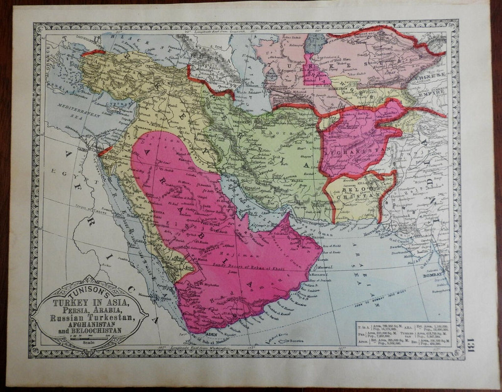 Arabia 1890's era Persia Russian Turkestan Turkey Asia map Beloochistan