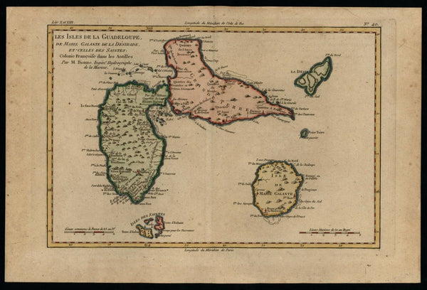Guadaloupe Marie Galante Caribbean 1780 Bonne map lovely hand color