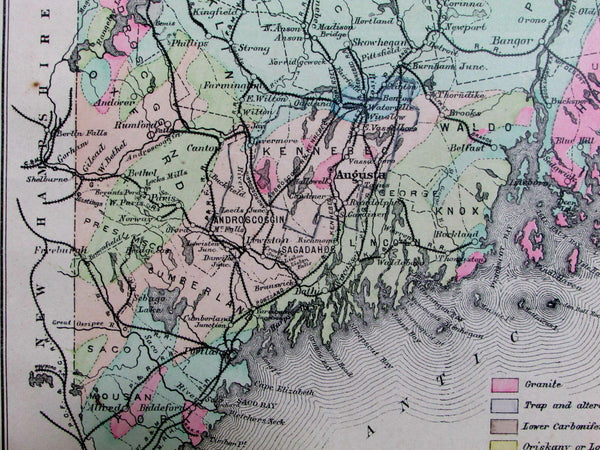Maine granite slates Silurian Montalban rocks geology railroads c.1890 color map
