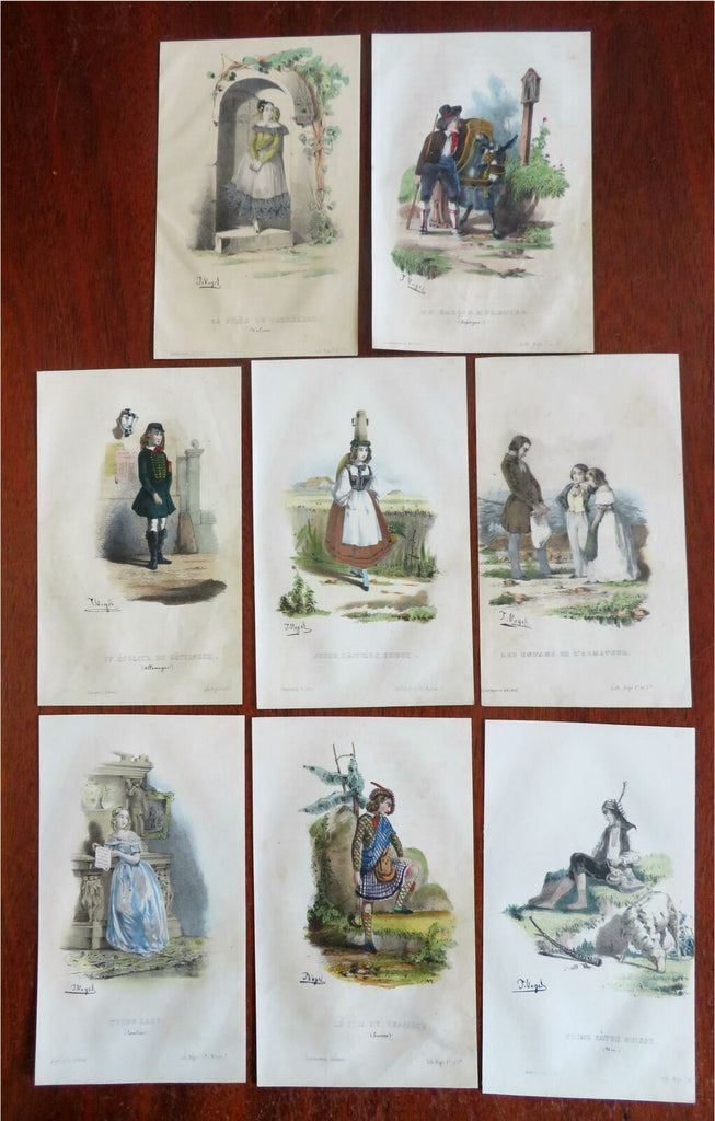 J. Vogel c. 1830's European costumes of Young People hand color print lot x 8