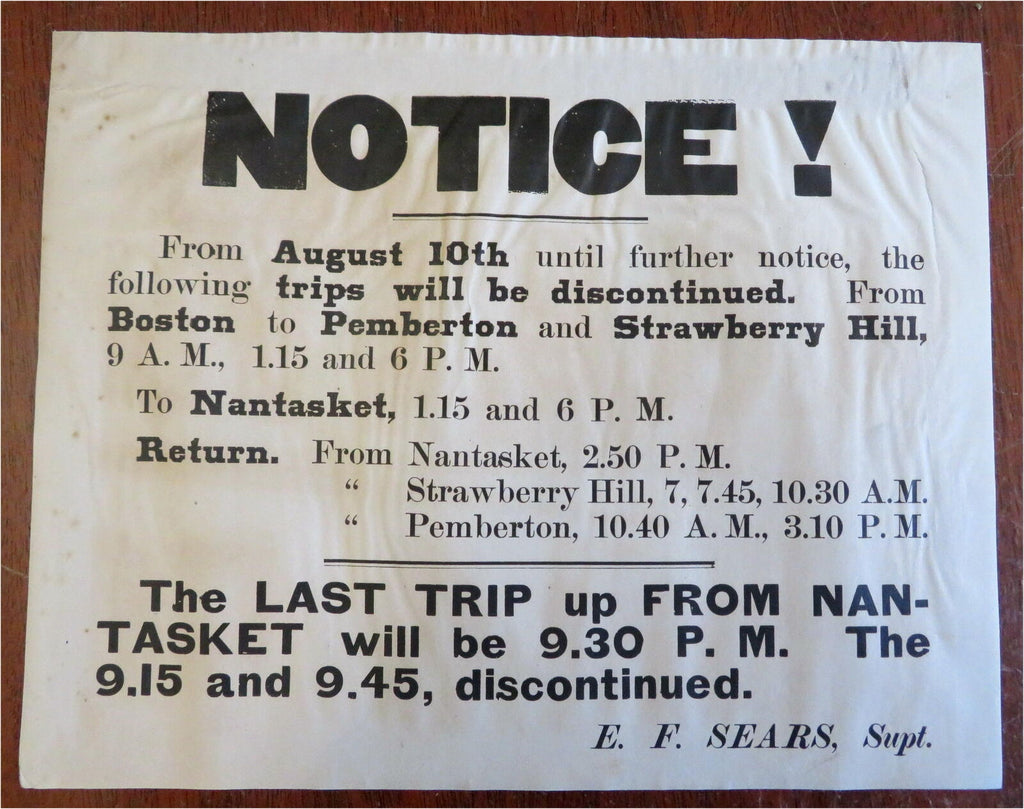 Nantasket Mass Ferry c. 1900 Broadside public service discontinued notice Sears