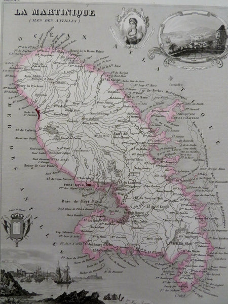 Martinique French Colony Caribbean Island Josephine 1850 Villerey decorative map